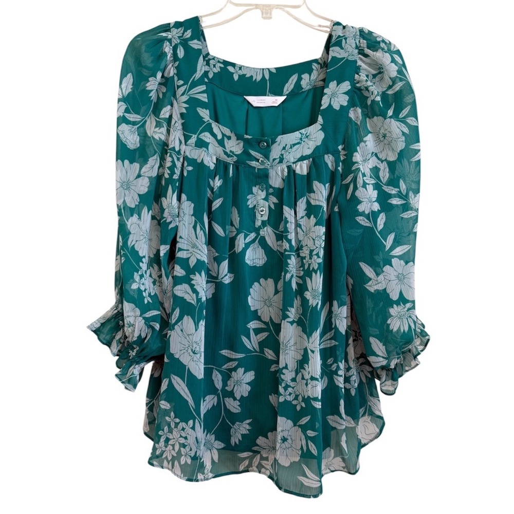 Lauren Conrad Green Floral Chiffon Blouse Square Neck Ruffle Sleeve Top Medium